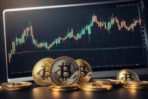 Bitcoin and cryptocurrency coins with a financial chart on a screen.
