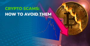 Cryptocurrency scam warning with falling Bitcoin and warning arrow.