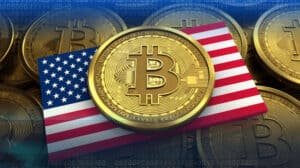 Bitcoin coin with American flag, symbolizing crypto scams in the USA.