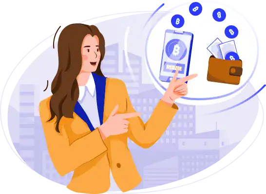 Woman using smartphone with Bitcoin and wallet icons, emphasizing crypto security.