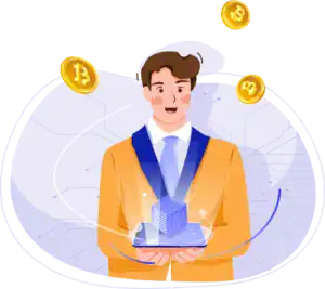 Professional man with digital tablet and cryptocurrency icons background.