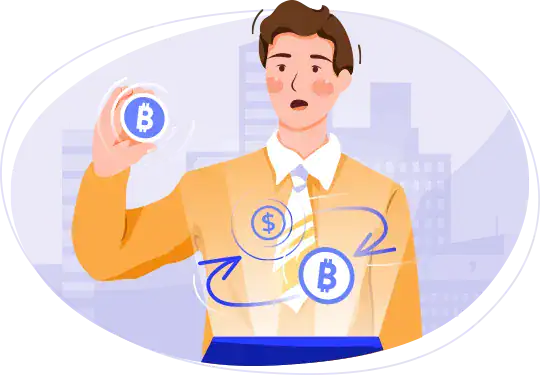 Young man analyzing Bitcoin and dollar exchange in a digital finance setting.