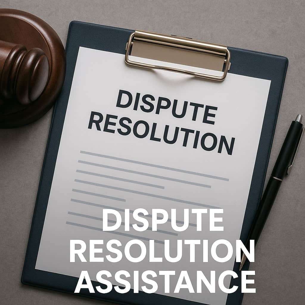 Dispute resolution clipboard with gavel and pen for legal support.