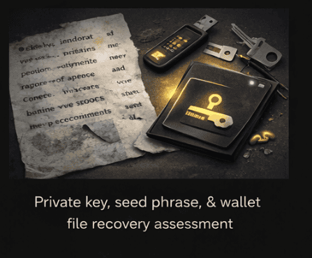 Private key, seed phrase, and wallet file recovery tools for crypto security.