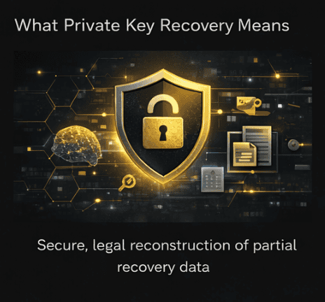 Secure private key recovery for crypto assets with legal data reconstruction.