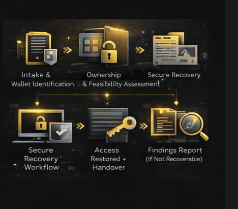 Illustration of private key recovery workflow with secure steps and documentation.