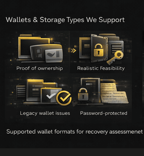 Cryptocurrency wallet types supported for private key recovery.